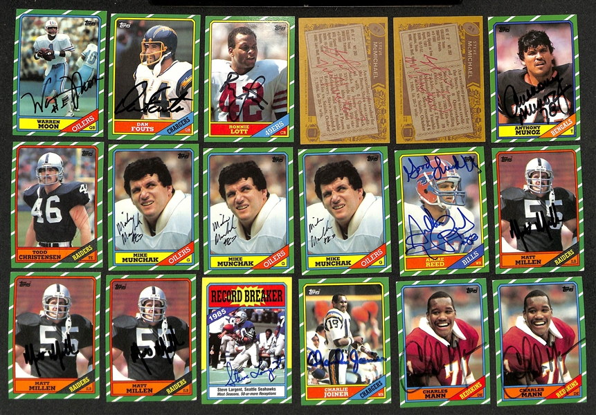 (520+) Signed 1986 Topps Football Cards w. Warren Moon, Dan Fouts, Ronnie Lott, + (JSA Auction Letter)