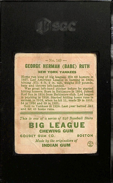 1933 Goudey Babe Ruth #149 Graded SGC 1