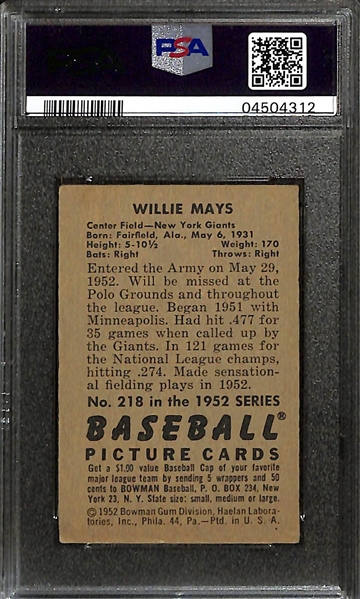 1952 Bowman Willie Mays #218 Graded PSA 6