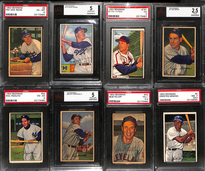 1952 Bowman Near Complete Set (Missing Only Mays and Mantle) - 250 of 252 Cards w. (12) Graded Cards inc. Reese (PSA 6), Snider (BVG 5), Musial (PSA 3), Berra (BVG 2.5), Rizzuto (PSA 4), Campanella...