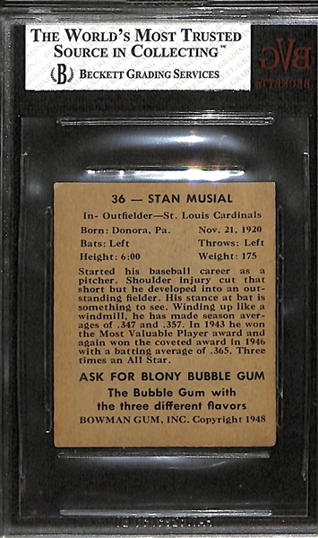 1948 Bowman Stan Musial Rookie Card #36 Graded Beckett BVG 3.5