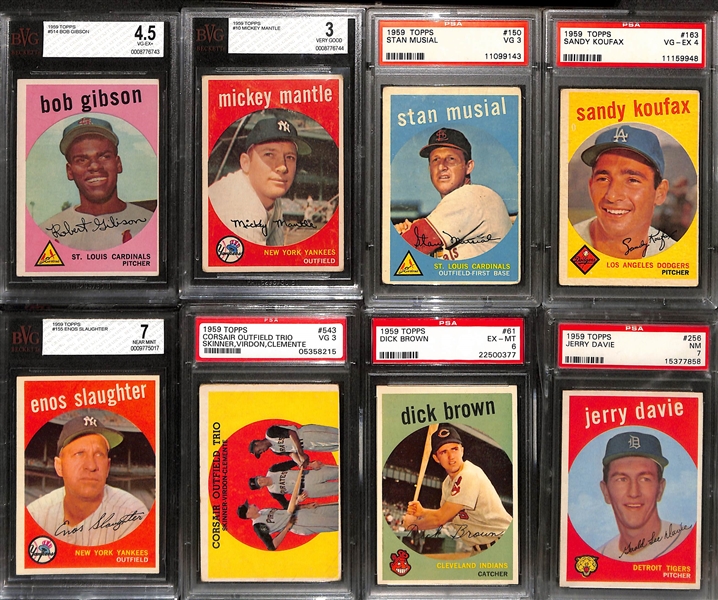 1959 Topps Complete Baseball Card Set (All 572 Cards) w. (8) Graded Cards Inc. Bob Gibson Rookie (BVG 4.5), Mickey Mantle (BVG 3), Stan Musial (PSA 3), Sandy Koufax (PSA 4), Enos Slaughter (BVG 7), +