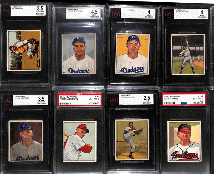 1950 Bowman Baseball Card Set (Missing Jackie Robinson - 251 of 252 Cards in the Set) w. (17) Graded Cards Inc. Berra (BVG 3.5), Campanella (BVG 4.5), Hodges (BVG 4), Rizzuto (BVG 4), Reese (BVG...