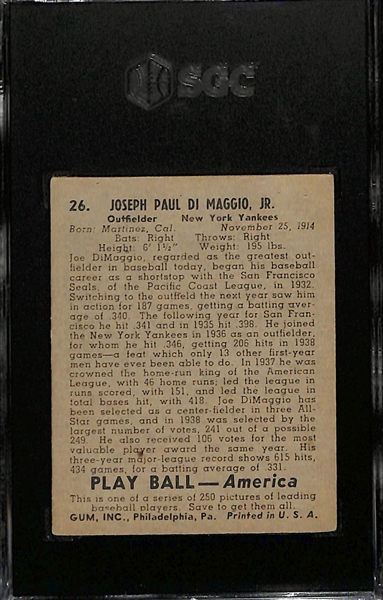1939 Playball Joe DiMaggio (HOF) Rookie Card #26 Graded SGC 3