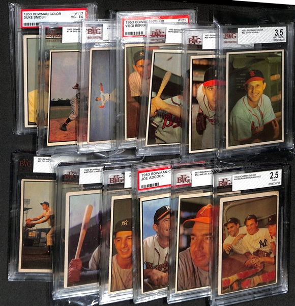 1953 Bowman Color Baseball Card Set (Only Missing Mickey Mantle #59) - 159 of 160 Cards Inc. All 31 High #s - w. (13) Graded Cards Inc. Musial (BVG 3.5), Spahn (BVG 6.5), Mathews (BVG 6), Berra...