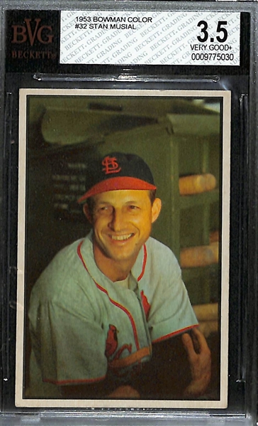1953 Bowman Color Baseball Card Set (Only Missing Mickey Mantle #59) - 159 of 160 Cards Inc. All 31 High #s - w. (13) Graded Cards Inc. Musial (BVG 3.5), Spahn (BVG 6.5), Mathews (BVG 6), Berra...