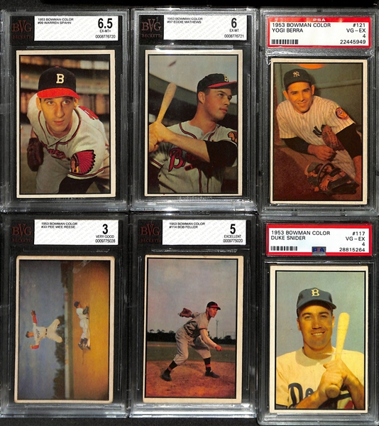 1953 Bowman Color Baseball Card Set (Only Missing Mickey Mantle #59) - 159 of 160 Cards Inc. All 31 High #s - w. (13) Graded Cards Inc. Musial (BVG 3.5), Spahn (BVG 6.5), Mathews (BVG 6), Berra...