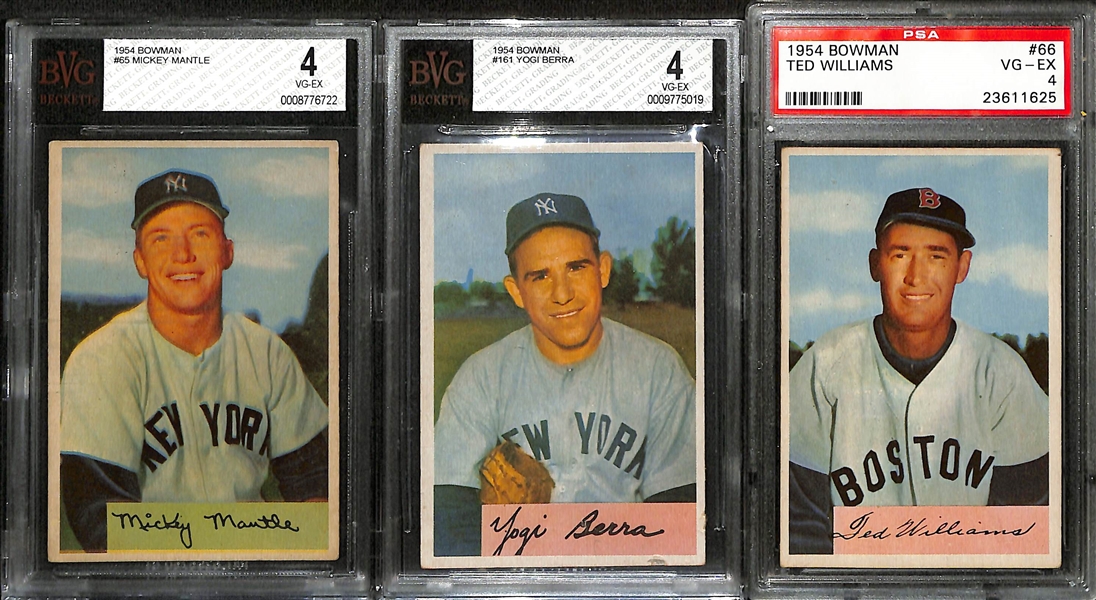 1954 Bowman Baseball Card Baseball Card Set (All 224 Cards in the Set) w. Mickey Mantle #65 (BVG 4), Ted Williams (PSA 4), & Yogi Berra #161 (BVG 4)