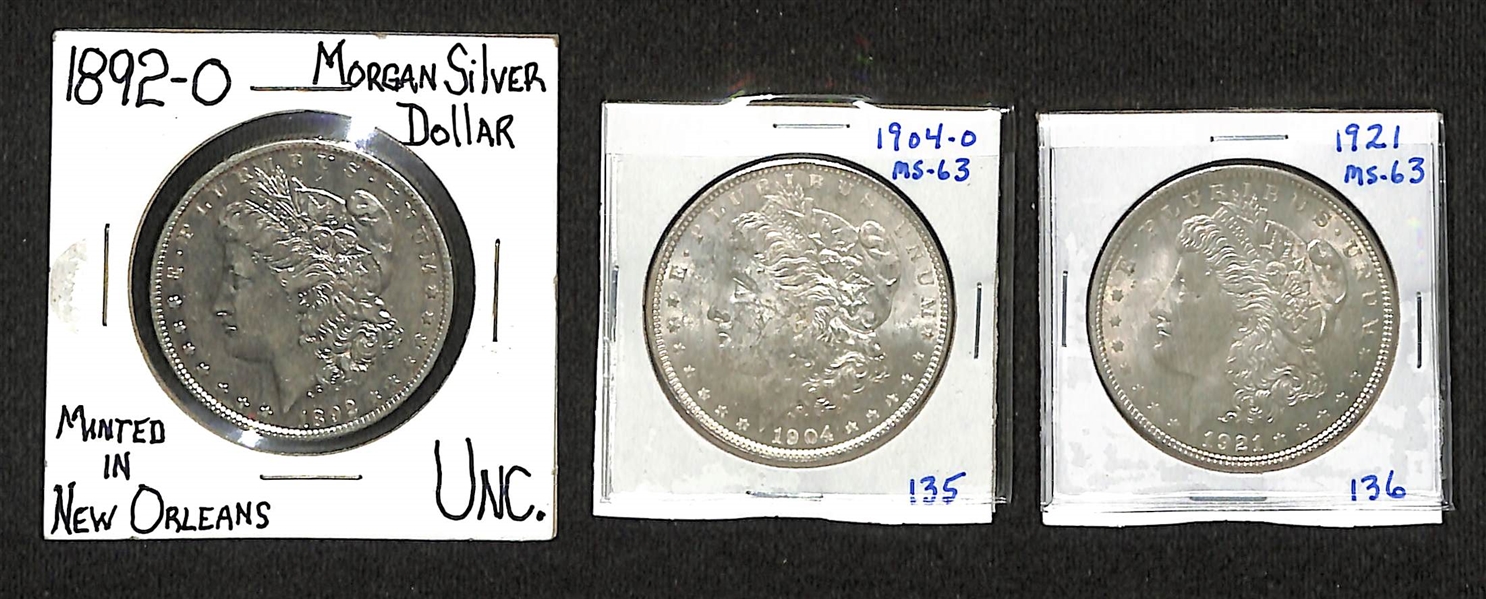 Lot of (3) Morgan Silver Dollars - 1892-O, 1904-O, & 1921