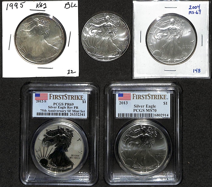 Lot of (5) Standing Liberty/Silver Eagles from 1995 to 2013 w. 2013 Silver Eagle MS70