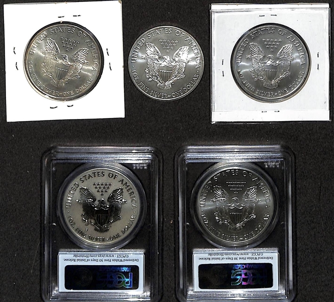 Lot of (5) Standing Liberty/Silver Eagles from 1995 to 2013 w. 2013 Silver Eagle MS70