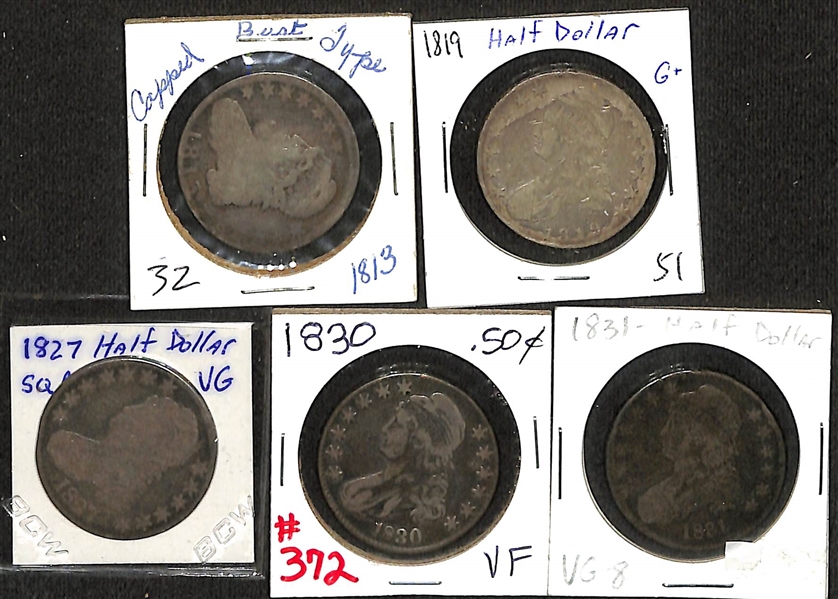 Lot of (5) Capped Bust Silver Half Dollars from 1813 to 1831