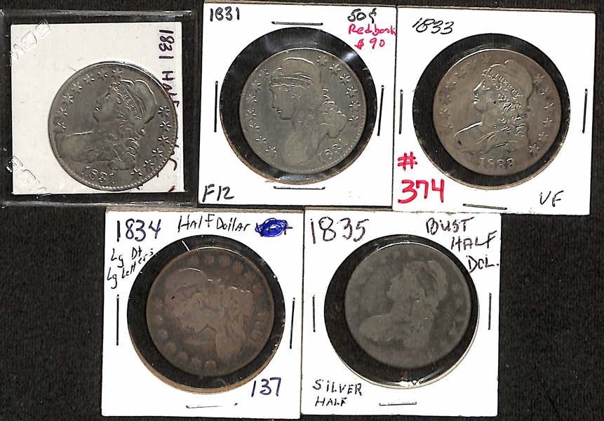 Lot of (5) Capped Bust Silver Half Dollars from 1831 to 1835