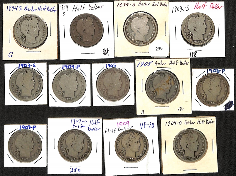 Lot of (13) Barber Silver Half Dollars from 1894 to 1909