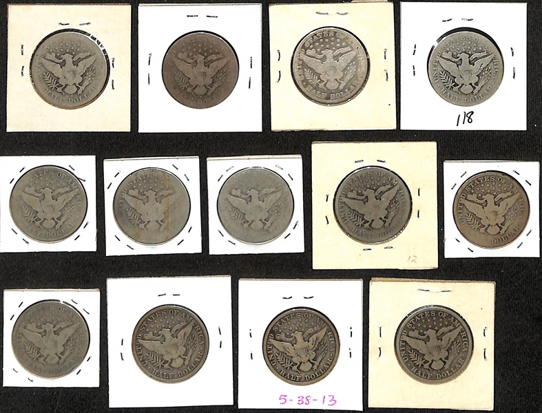 Lot of (13) Barber Silver Half Dollars from 1894 to 1909
