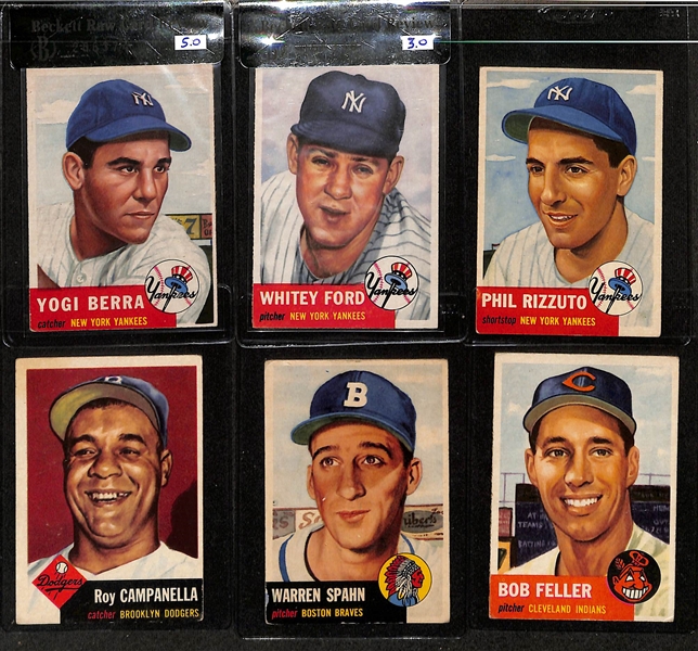 1953 Topps Near Complete Set (270 of 274 Cards - Missing 4 Listed Above) - 4 Beckett Raw Graded Cards w. Yogi Berra BVG 5, and Whitey Ford BVG 3