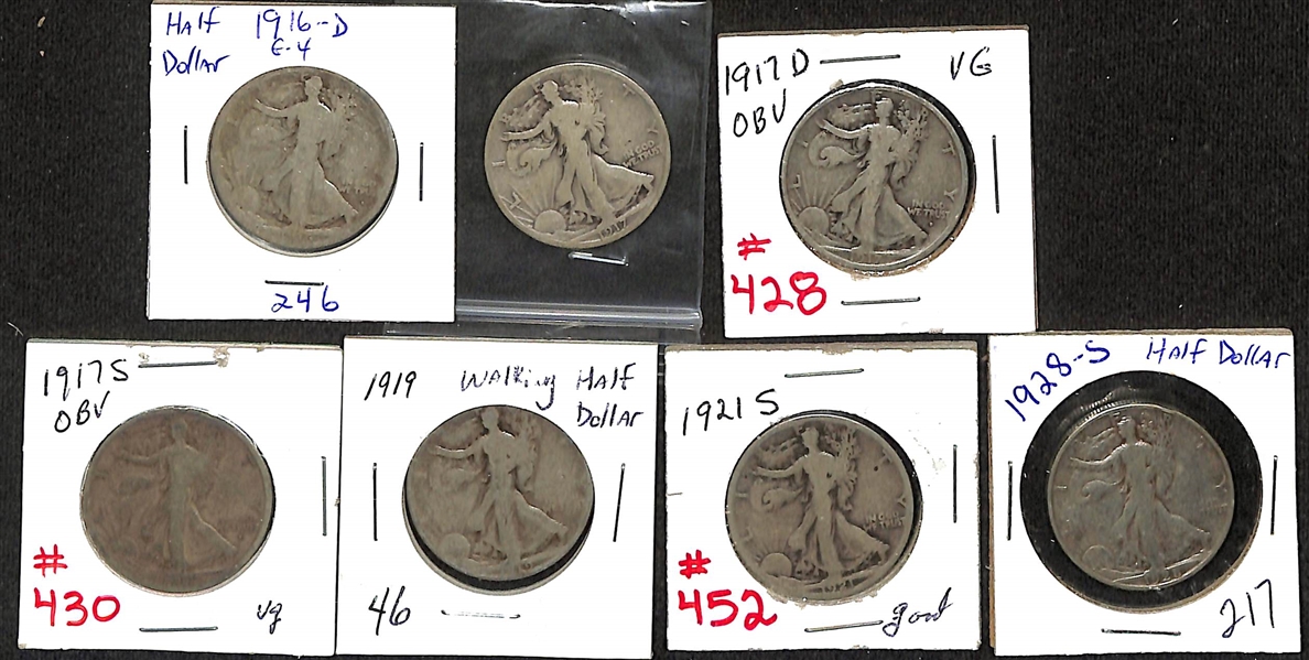 Lot of (7) Walking Liberty Silver Half Dollars from 1916 to 1928