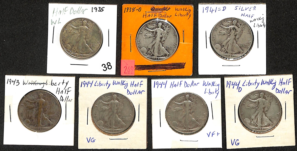 Lot of (7) Walking Liberty Silver Half Dollars from 1935 to 1944