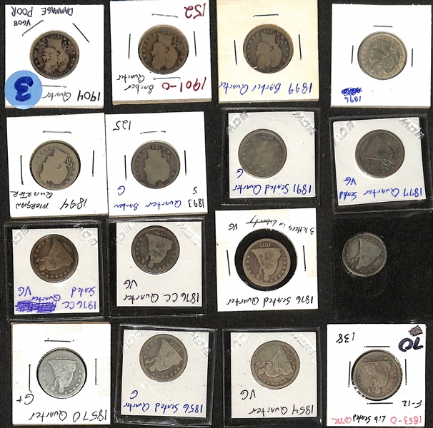 Lot of (10) Seated Liberty Silver Quarters from 1853 to 1891 & (6) Barber Silver Quarters from 1893 to 1904