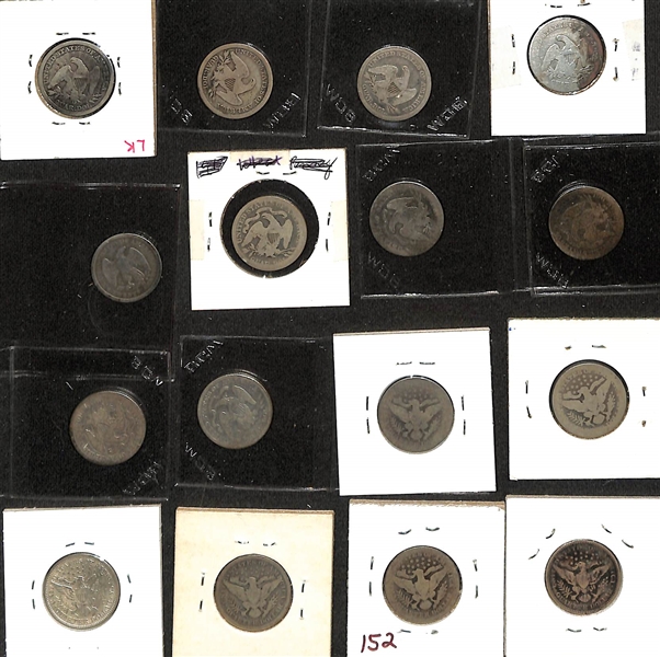 Lot of (10) Seated Liberty Silver Quarters from 1853 to 1891 & (6) Barber Silver Quarters from 1893 to 1904
