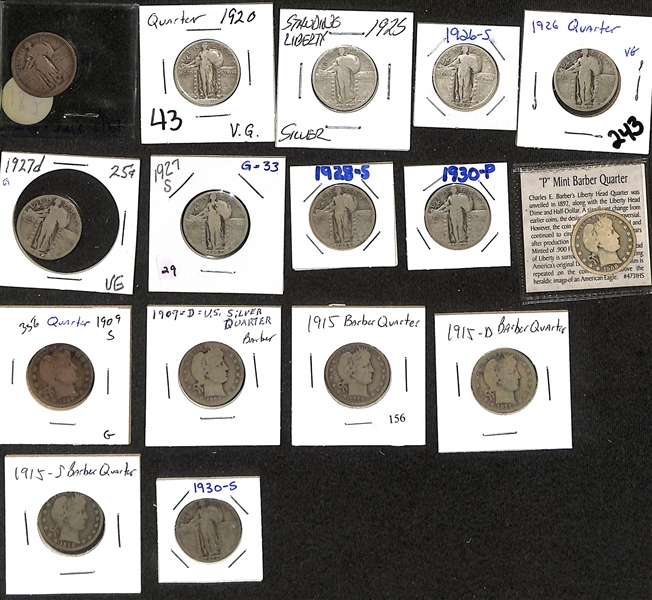 Lot of (6) Barber Silver Quarters from 1908 to 1915 & (10) Standing Liberty Silver Quarters from 1917 to 1930