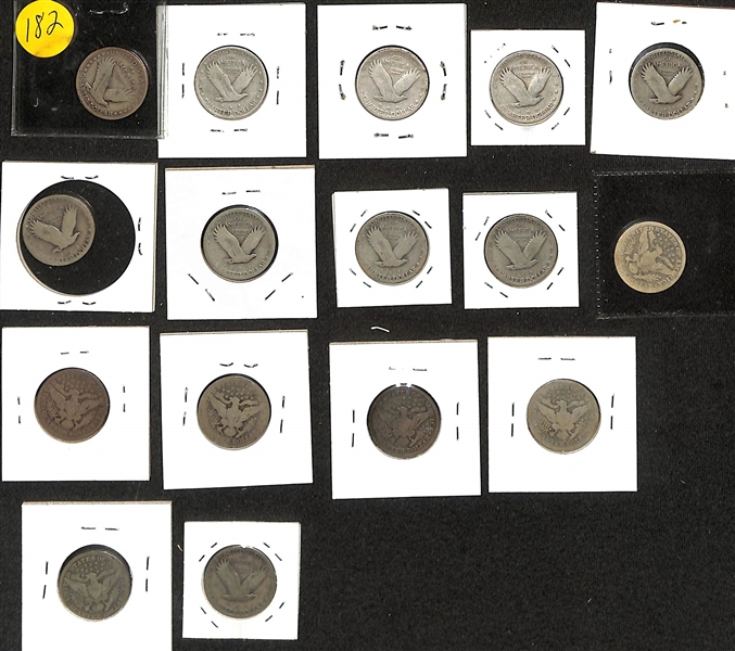 Lot of (6) Barber Silver Quarters from 1908 to 1915 & (10) Standing Liberty Silver Quarters from 1917 to 1930