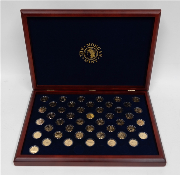 Morgan Mint Statehood Quarters 24 KT Gold Layered Near Complete Set in Wood Display Case - 45 of 50 Coins