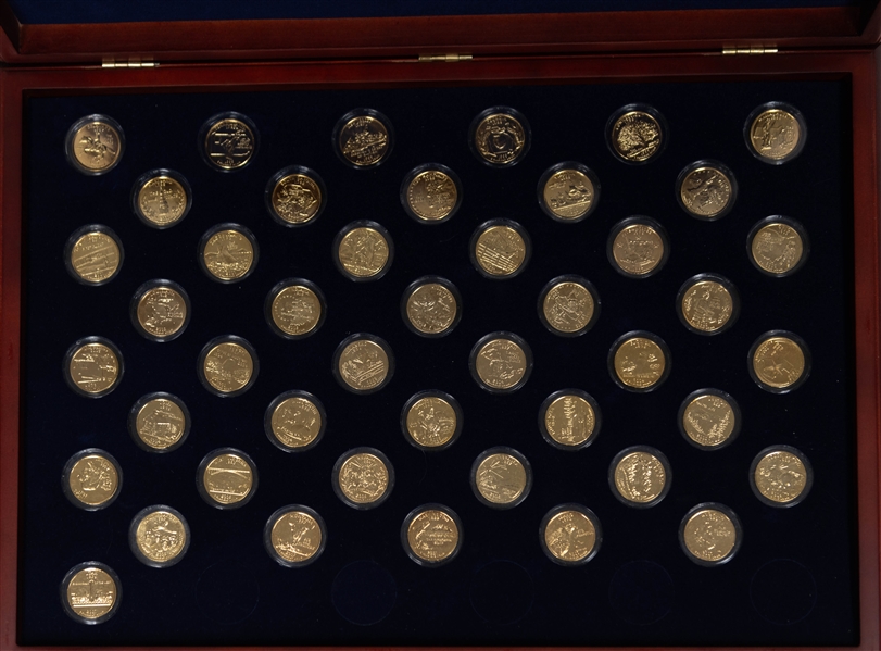 Morgan Mint Statehood Quarters 24 KT Gold Layered Near Complete Set in Wood Display Case - 45 of 50 Coins