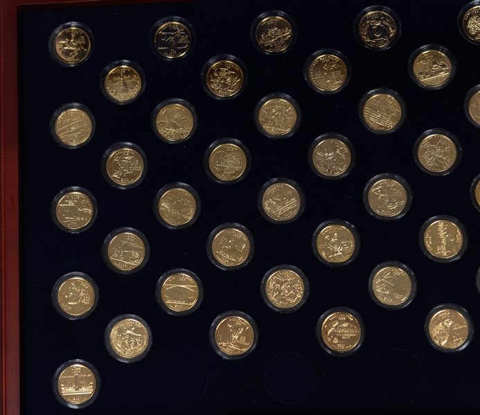 Morgan Mint Statehood Quarters 24 KT Gold Layered Near Complete Set in Wood Display Case - 45 of 50 Coins