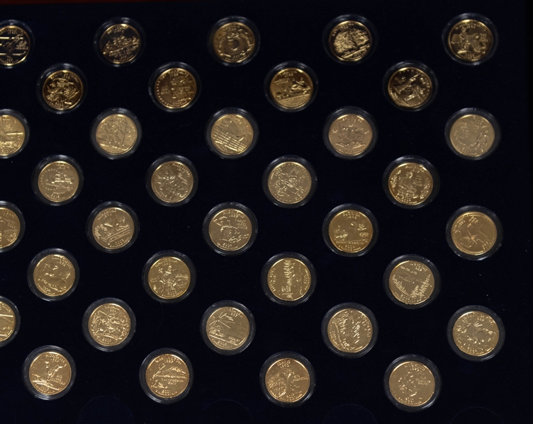 Morgan Mint Statehood Quarters 24 KT Gold Layered Near Complete Set in Wood Display Case - 45 of 50 Coins