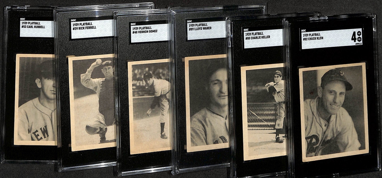 (5) 1939 Playball Cards w. Carl Hubbell (SGC 5), Rick Ferrell (SGC 6), Lefty Gomez (SGC 5),  Lloyd Waner (SGC 5), Charlie Keller (SGC 5), Chuck Klein (SGC 4) 