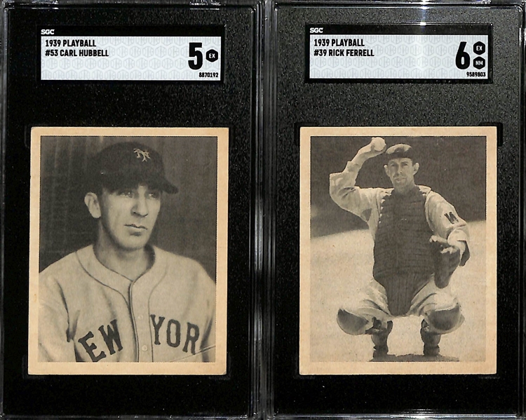 (5) 1939 Playball Cards w. Carl Hubbell (SGC 5), Rick Ferrell (SGC 6), Lefty Gomez (SGC 5),  Lloyd Waner (SGC 5), Charlie Keller (SGC 5), Chuck Klein (SGC 4) 