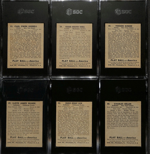 (5) 1939 Playball Cards w. Carl Hubbell (SGC 5), Rick Ferrell (SGC 6), Lefty Gomez (SGC 5),  Lloyd Waner (SGC 5), Charlie Keller (SGC 5), Chuck Klein (SGC 4) 