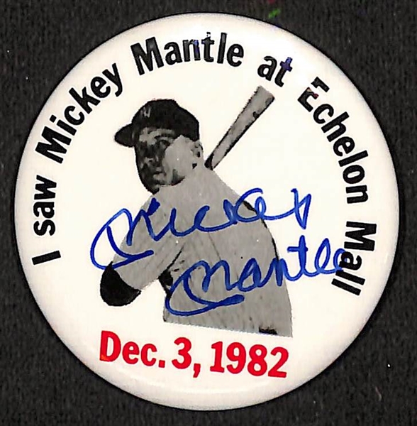 Mickey Mantle Autographed Pin-back Button I Saw Mickey Mantle at the Echelon Mall, Dec. 3, 1982) - JSA Auction Letter