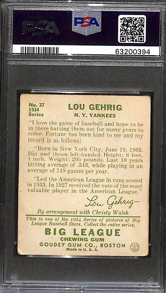 1933 Goudey Lou Gehrig #37 Graded PSA 2.5 - Nice Eye Appeal!!