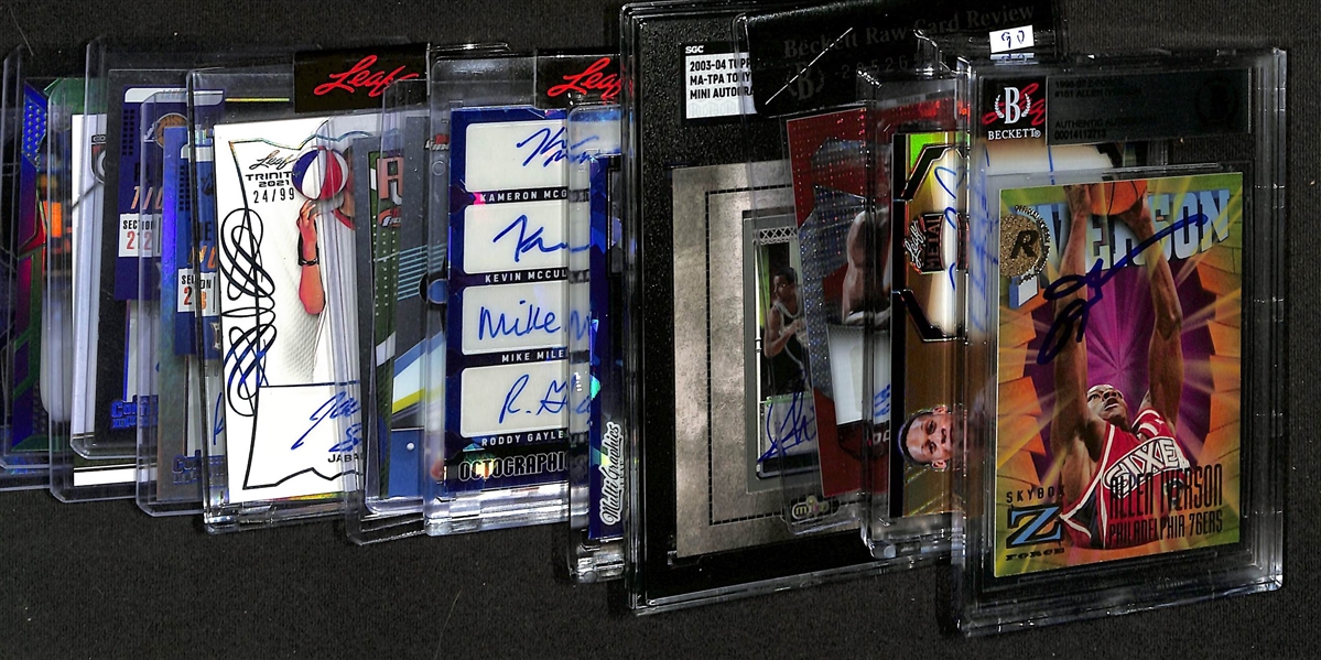 Lot of (14) Basketball Autograph Cards inc. 1996-97 Z-Force Allen Iverson Rookie (BGS Authentic), 2024 Leaf Metal Inscriptions Dennis Rodman (#/100), 2014-15 Prizm Dominique Wilkins Red Pulsar (BGS...