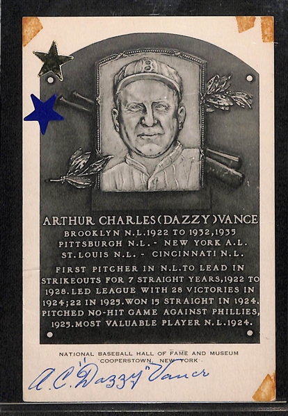 AC Dazzy Vance Signed Black & White Artvue Hall of Fame Postcard - JSA Auction Letter