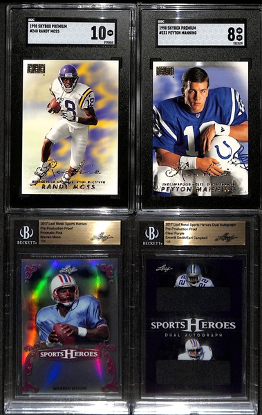 Football Card Lot w. 1998 Skybox Premium Randy Moss SGC 10 & 1998 Skybox Premium Peyton Manning Rookie, and (2) 1/1 2017 Leaf Proof Cards w. Emmitt Smith 