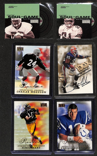 Football Card Lot w. 1998 Skybox Premium Randy Moss SGC 10 & 1998 Skybox Premium Peyton Manning Rookie, and (2) 1/1 2017 Leaf Proof Cards w. Emmitt Smith 