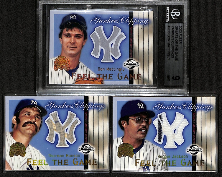 Lot of (3) 2000 Fleer Greats of the Game Yankees Clippings Cards w. Thurman Munson, Reggie Jackson, & Don Mattingly BGS 9