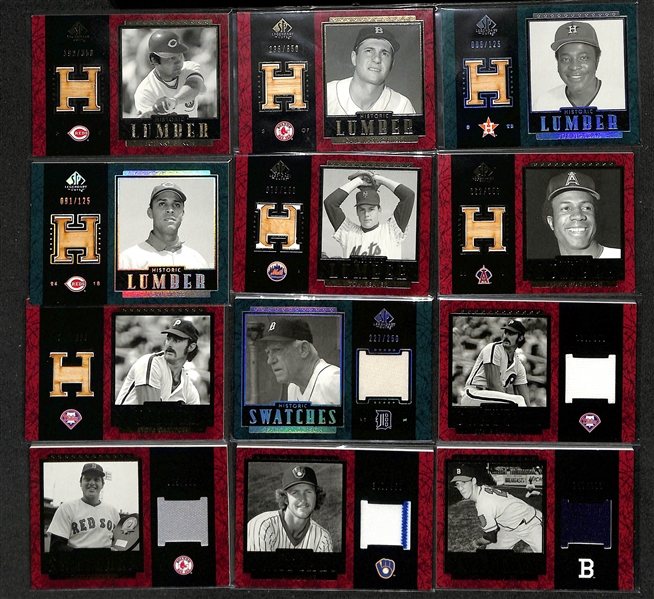 Lot of (14) 2003 SP Legendary Cuts Bat/Jersey Cards w. Johnny Bench, & (150+) Additional 2003 Legendary Cuts Commemorative Relic Cards