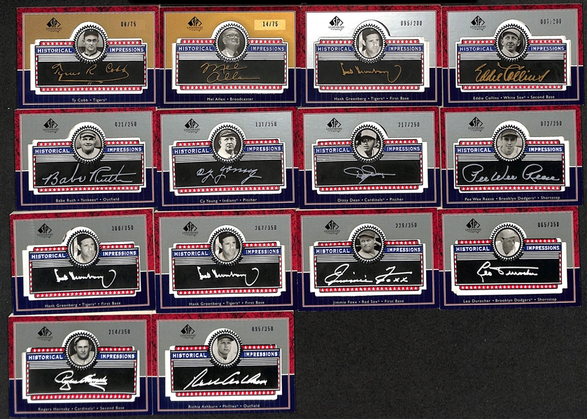 Lot of (14) 2003 SP Legendary Cuts Bat/Jersey Cards w. Johnny Bench, & (150+) Additional 2003 Legendary Cuts Commemorative Relic Cards