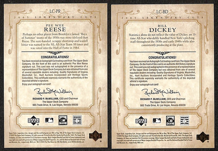 Lot of (2) 2005 Upper Deck SP Legendary Cuts Autograph Cards w. PeeWee Reese #/69 & Bill Dickey #/95