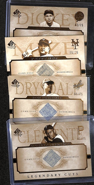 Lot of (5) 2005 Upper Deck SP Legendary Cuts Game Used Memorabilia Cards w. Roberto Clemente #/75, Bill Dickey #/75, +