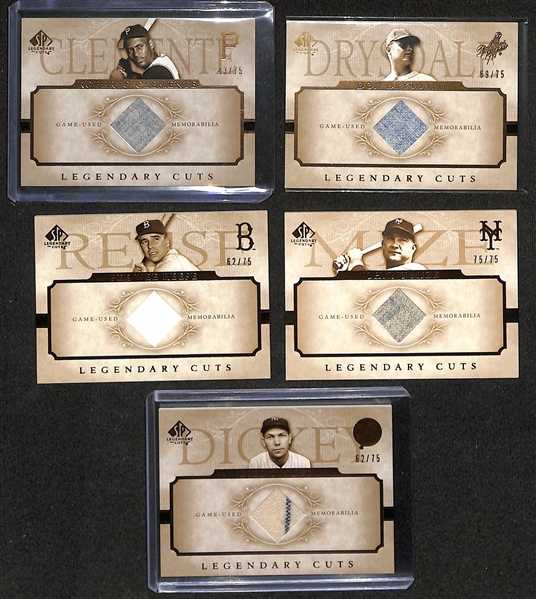 Lot of (5) 2005 Upper Deck SP Legendary Cuts Game Used Memorabilia Cards w. Roberto Clemente #/75, Bill Dickey #/75, +