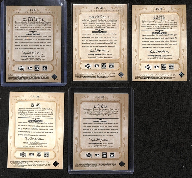 Lot of (5) 2005 Upper Deck SP Legendary Cuts Game Used Memorabilia Cards w. Roberto Clemente #/75, Bill Dickey #/75, +