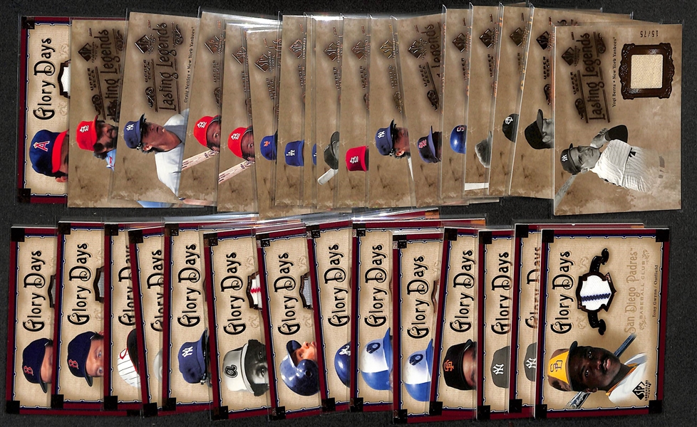 Lot of (30+) 2005 Upper Deck SP Legendary Cuts Lasting Legends & Glory Days Game-Used Jersey Cards w. Berra, Musial, Carew, Ryan, Gwynn, +