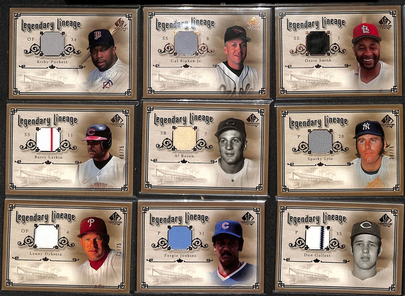 Lot of (41) 2005 Upper Deck SP Legendary Cuts Legendary Lineage & Classic Careers Game-Used Jersey Cards w. Ripken Jr, Puckett, Ozzie Smith, Mattingly, +