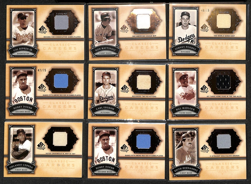Lot of (41) 2005 Upper Deck SP Legendary Cuts Legendary Lineage & Classic Careers Game-Used Jersey Cards w. Ripken Jr, Puckett, Ozzie Smith, Mattingly, +