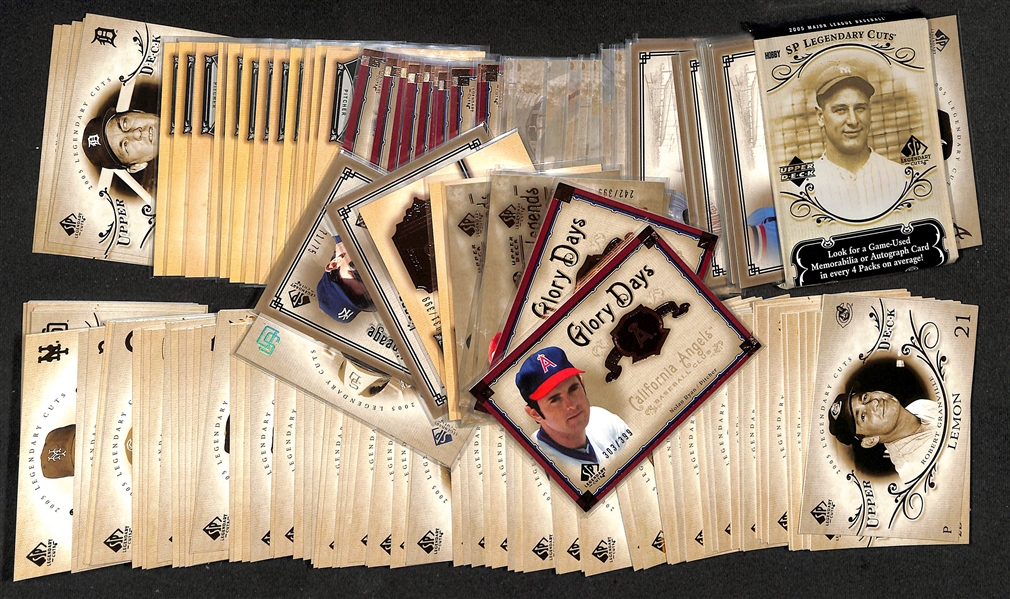 2005 Upper Deck SP Legendary Cuts Complete Base Set of 100 Cards w. (60+) Numbered Inserts of Ryan, Berra, Bench, (2) Musial, (2) Yastrzemski, (2) Gwynn, Mattingly, +